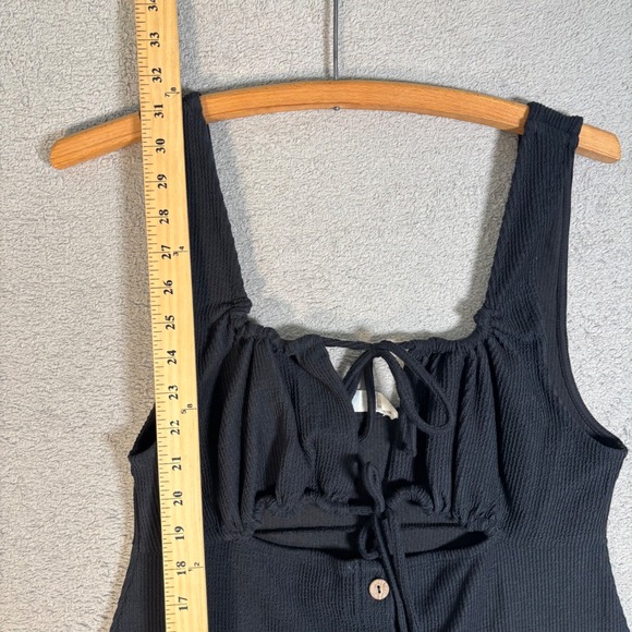 FP Beach Black Ribbed Mini Dress Size L Button Front Cutout Tie Neck Free People - Picture 11 of 12